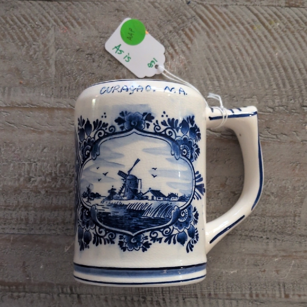 Delft Blue and White Windmill Sailboat Ceramic Mug Curacao N.A. Souvenir